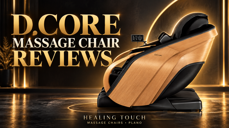 D.Core 2 massage chair with oak side panels — Healing Touch review and comparison graphic