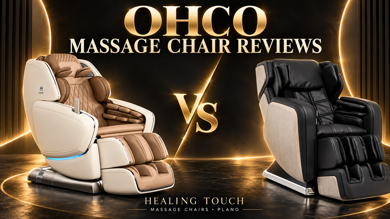 OHCO M.8 NEO and R.6 massage chairs — Healing Touch review and comparison graphic