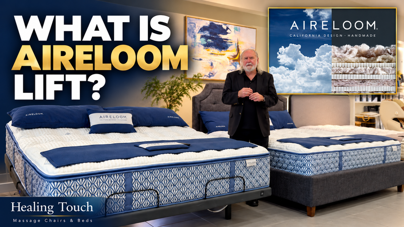 What is Aireloom Lift? Healing Touch presenter beside Aireloom mattresses with a mattress layer illustration.
