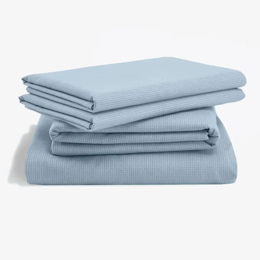 Tempur-Pedic ProAir sheet set in Sleepy Blue with mesh fabric, featuring soft, breathable bed sheets for comfortable sleep.