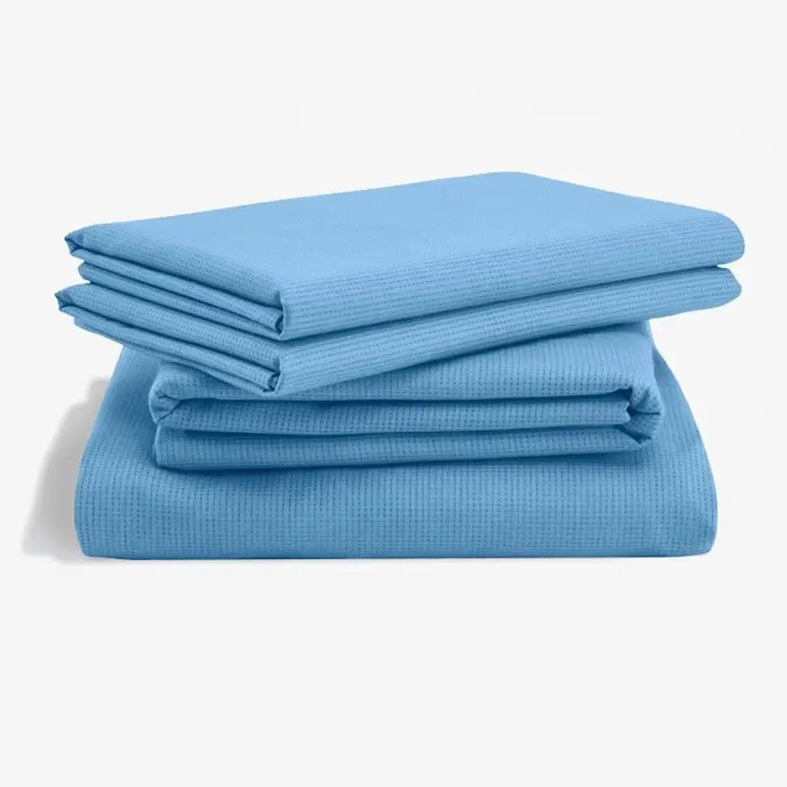 Tempur-Pedic ProAir sheet set in blue Azure with mesh fabric, featuring soft, breathable bedding for comfortable sleep.