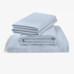 Tempur-Pedic Rayon bamboo sheet set in soft blue, featuring smooth, breathable fabric and a cozy, luxurious fit for restful sleep.