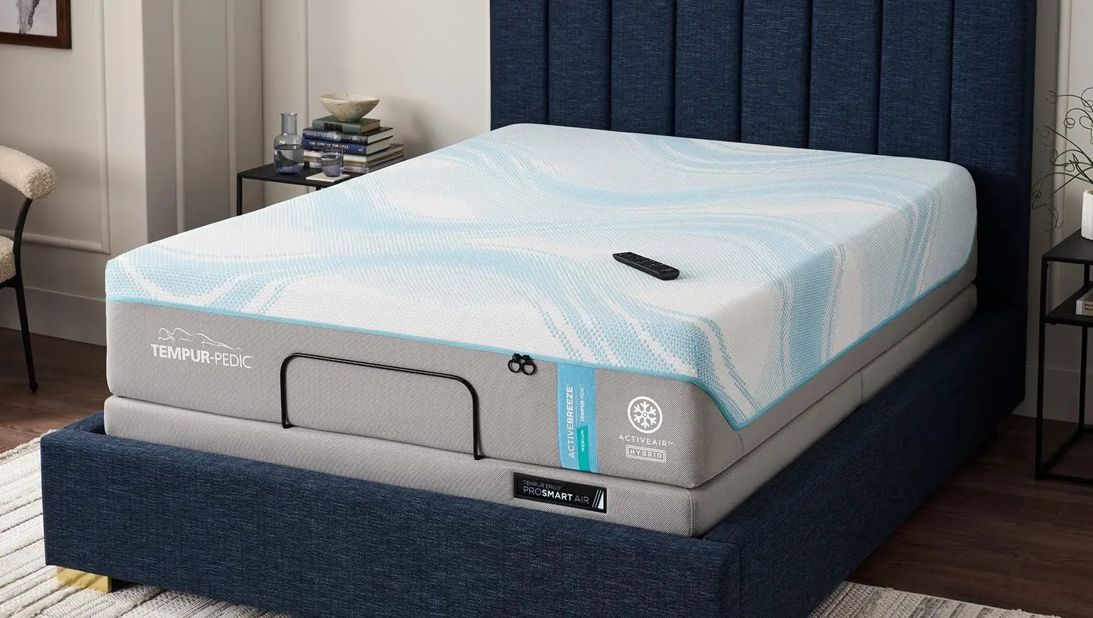 Tempur-Pedic Active Breeze mattress shown from a three-quarter angled view, highlighting its sleek design and cooling surface.
