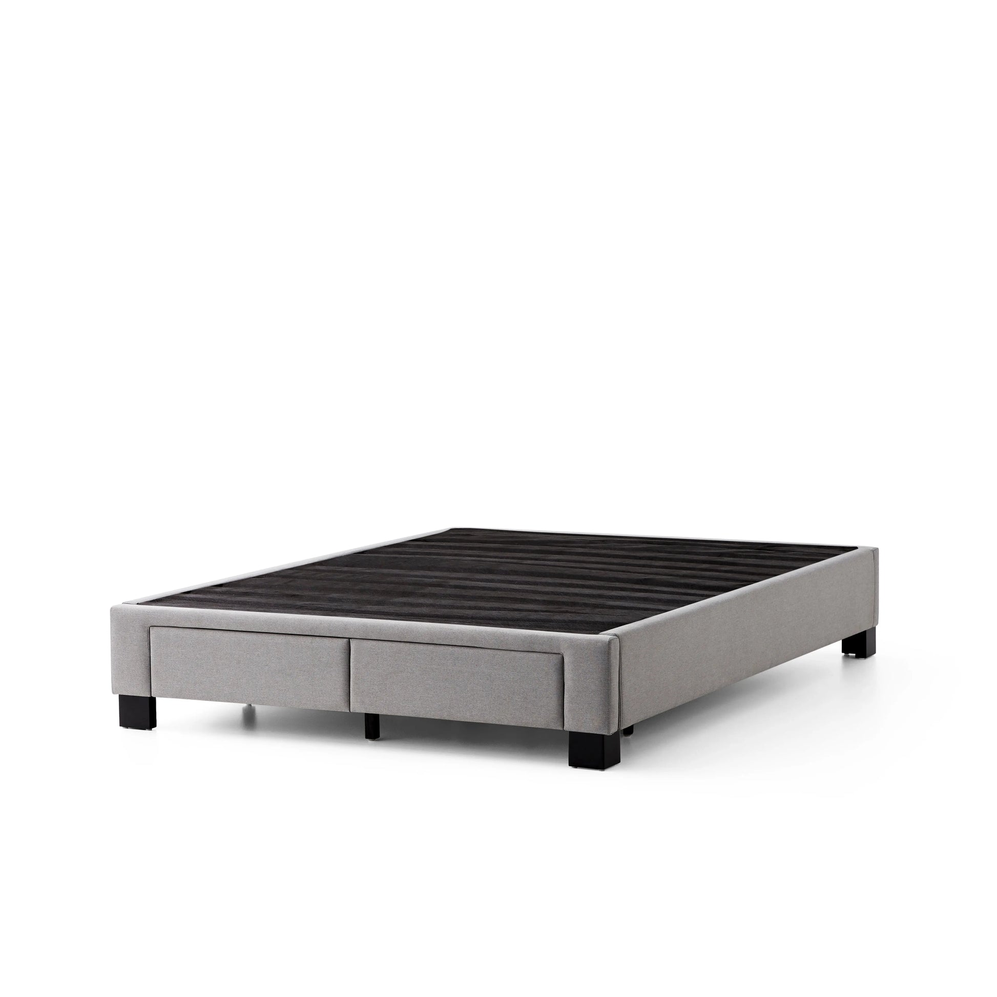 Malouf Duncan platform bed frame with a sleek silver base, shown from a three-quarter angle without a mattress.