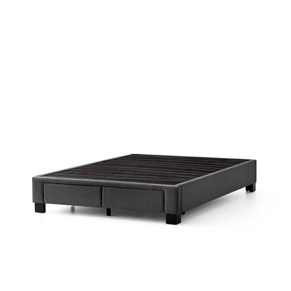 Malouf Duncan platform bed frame shown from three-quarter view, featuring a sleek design and sturdy base without a mattress.