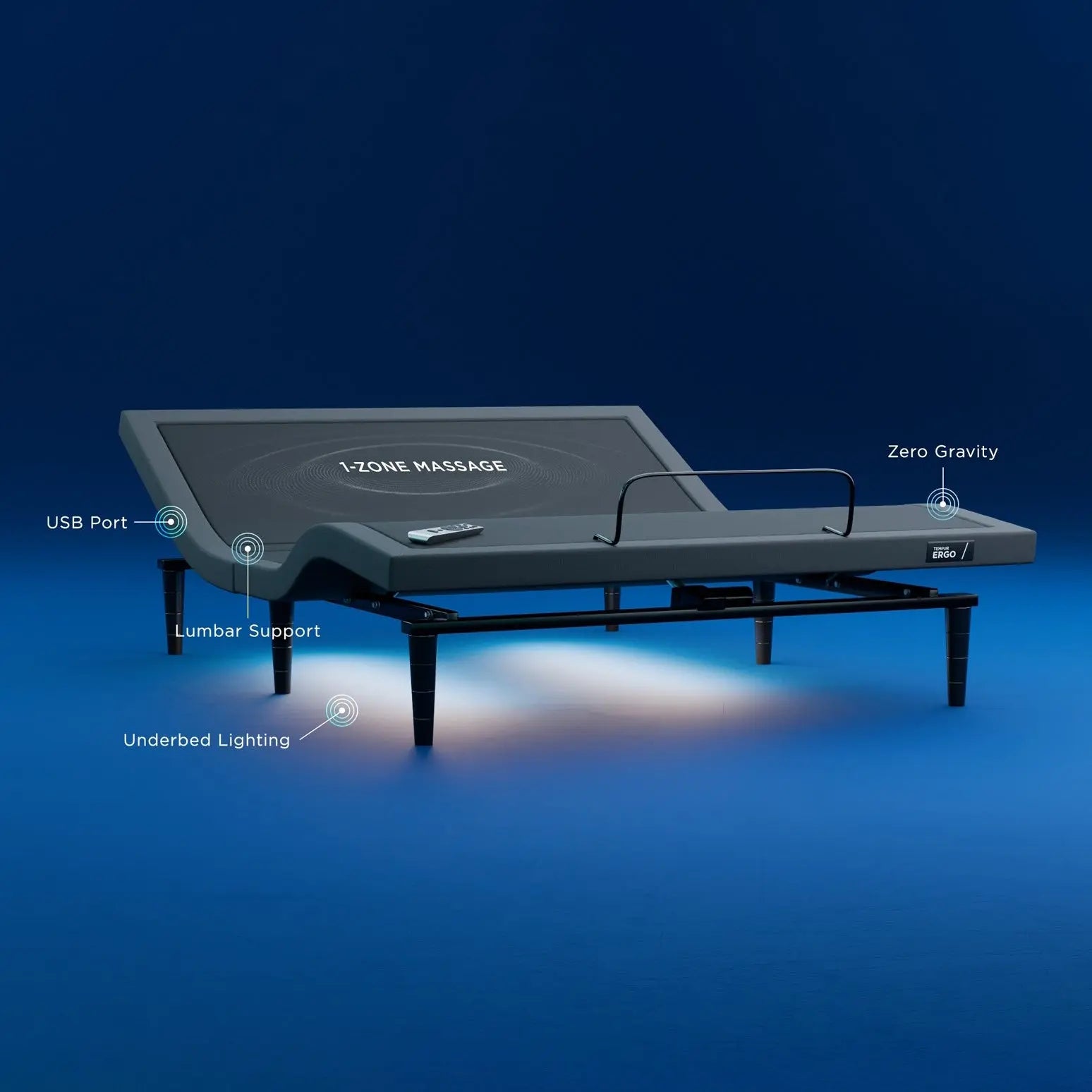 Tempur-Pedic TEMPUR-Ergo Power Base with adjustable head and foot, wireless remote, and modern black design for customizable comfort.