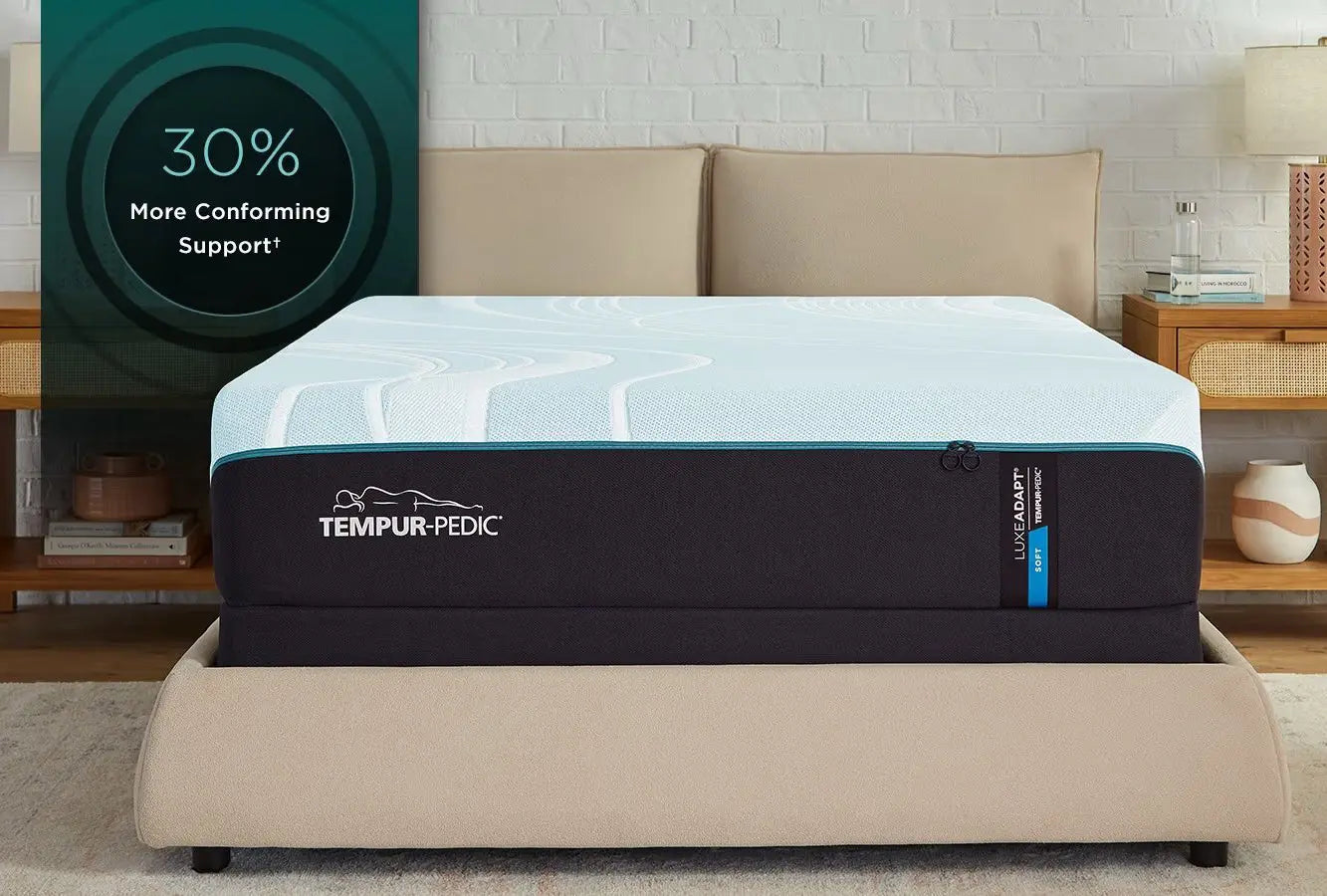 Tempur-Pedic LuxeAdapt Soft mattress showing plush surface with memory foam layers and textured fabric for comfort and support.