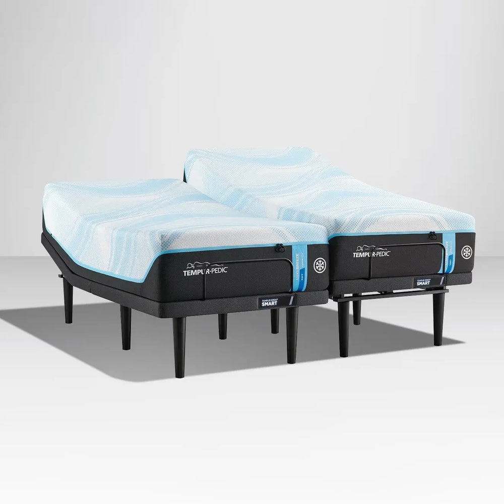 TEMPUR-LuxeBreeze split mattress raised on adjustable bases
