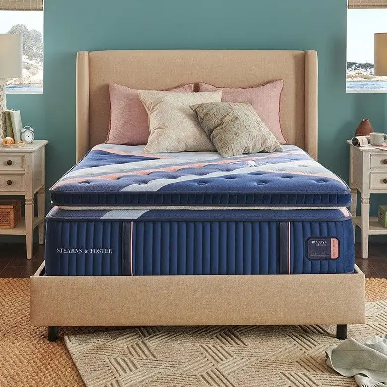 Stearns & Foster Reserve Duet mattress in a modern bedroom setting, showcasing plush top and elegant design for restful sleep.