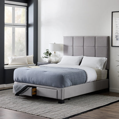 Malouf Duncan platform bed frame with a sturdy wooden design and clean lines, shown in a wide-angle view.