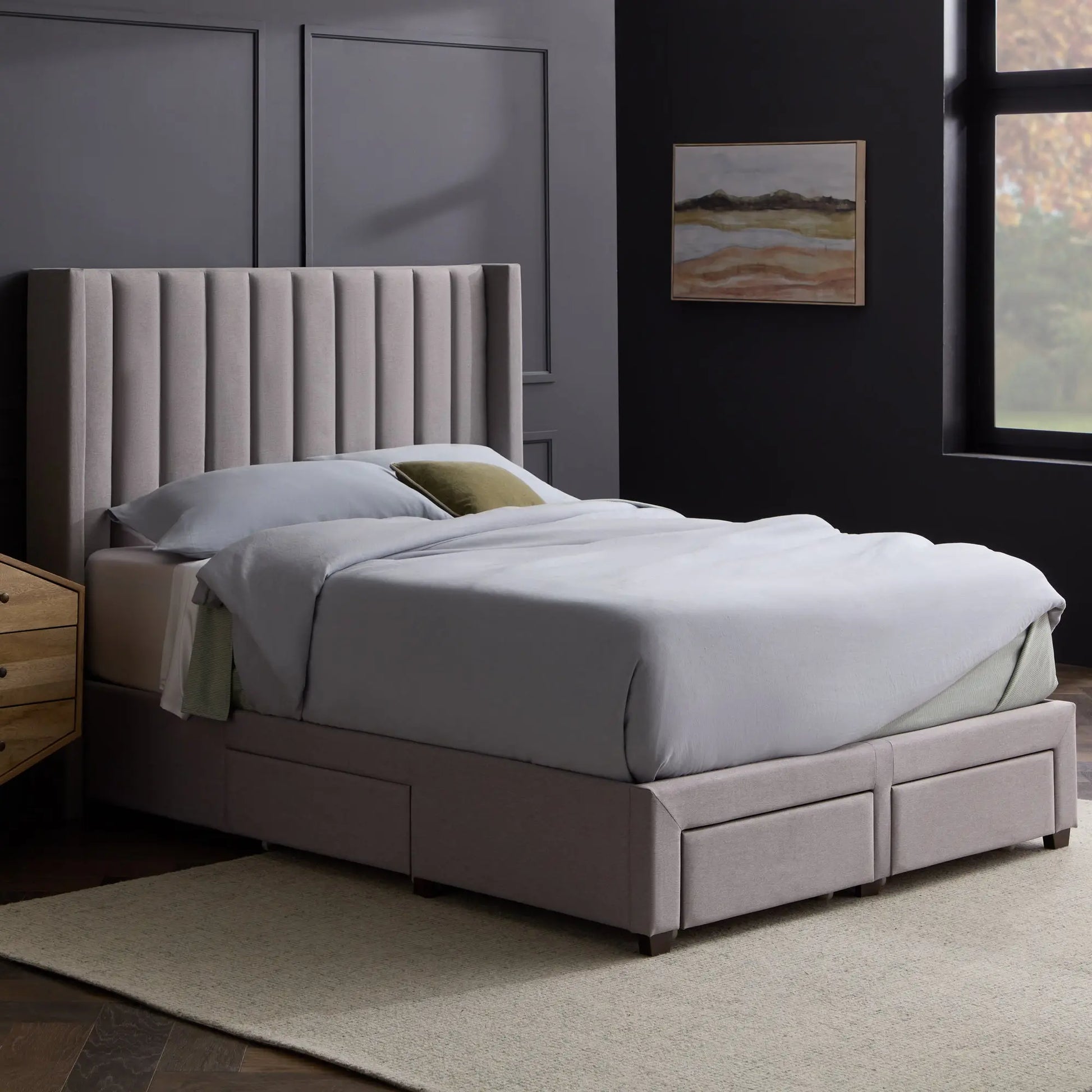 Malouf Blackwell headboard in black fabric with tufted design, showcasing a stylish, modern bedroom furniture piece