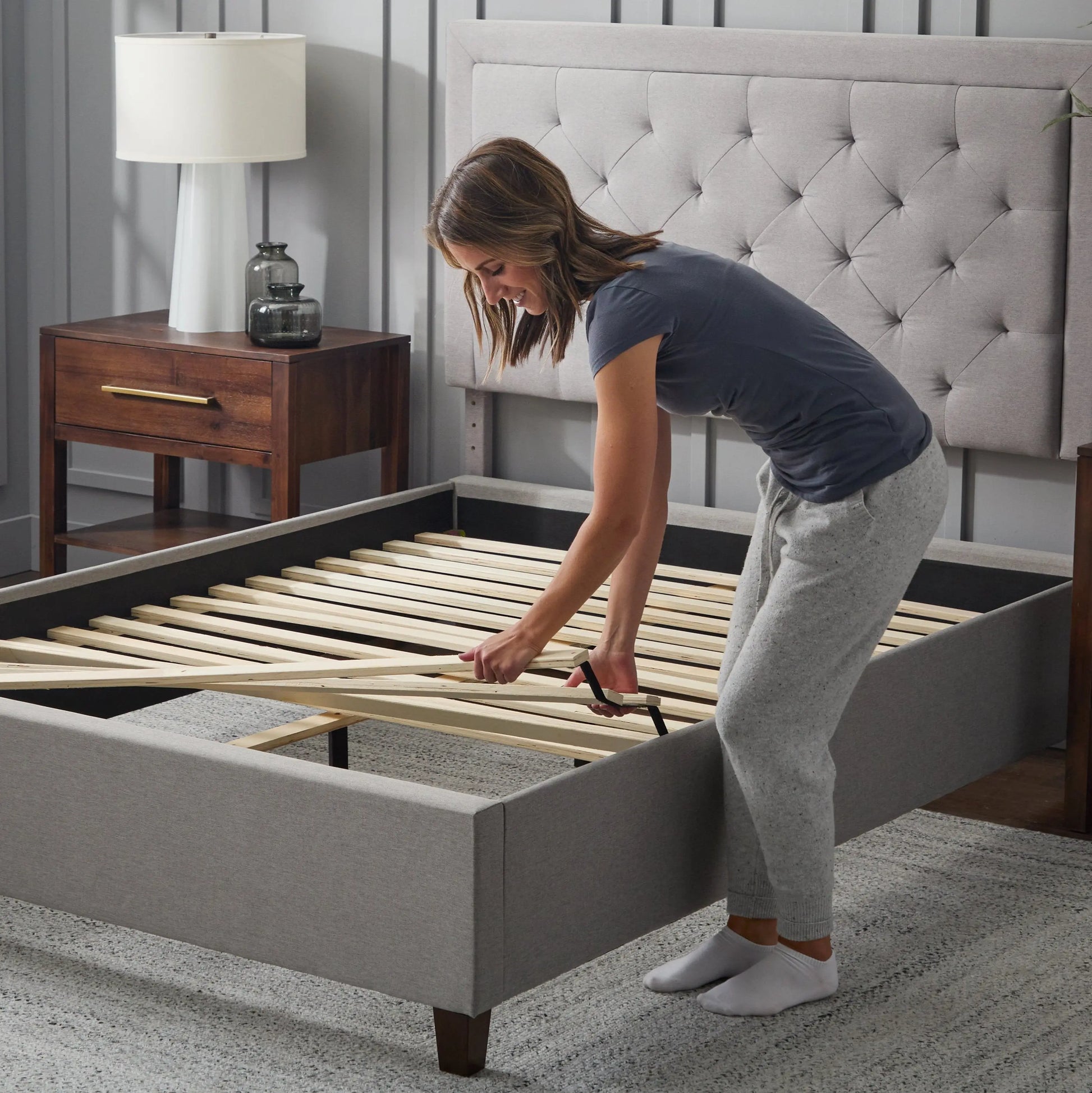 Malouf Eastman platform bed frame shown with sturdy wooden slats and clean modern design for a stylish bedroom setup.