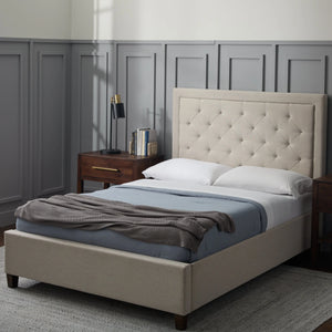 Malouf Hennessy headboard with a sleek design, showcasing a modern upholstered fabric in a neutral tone.