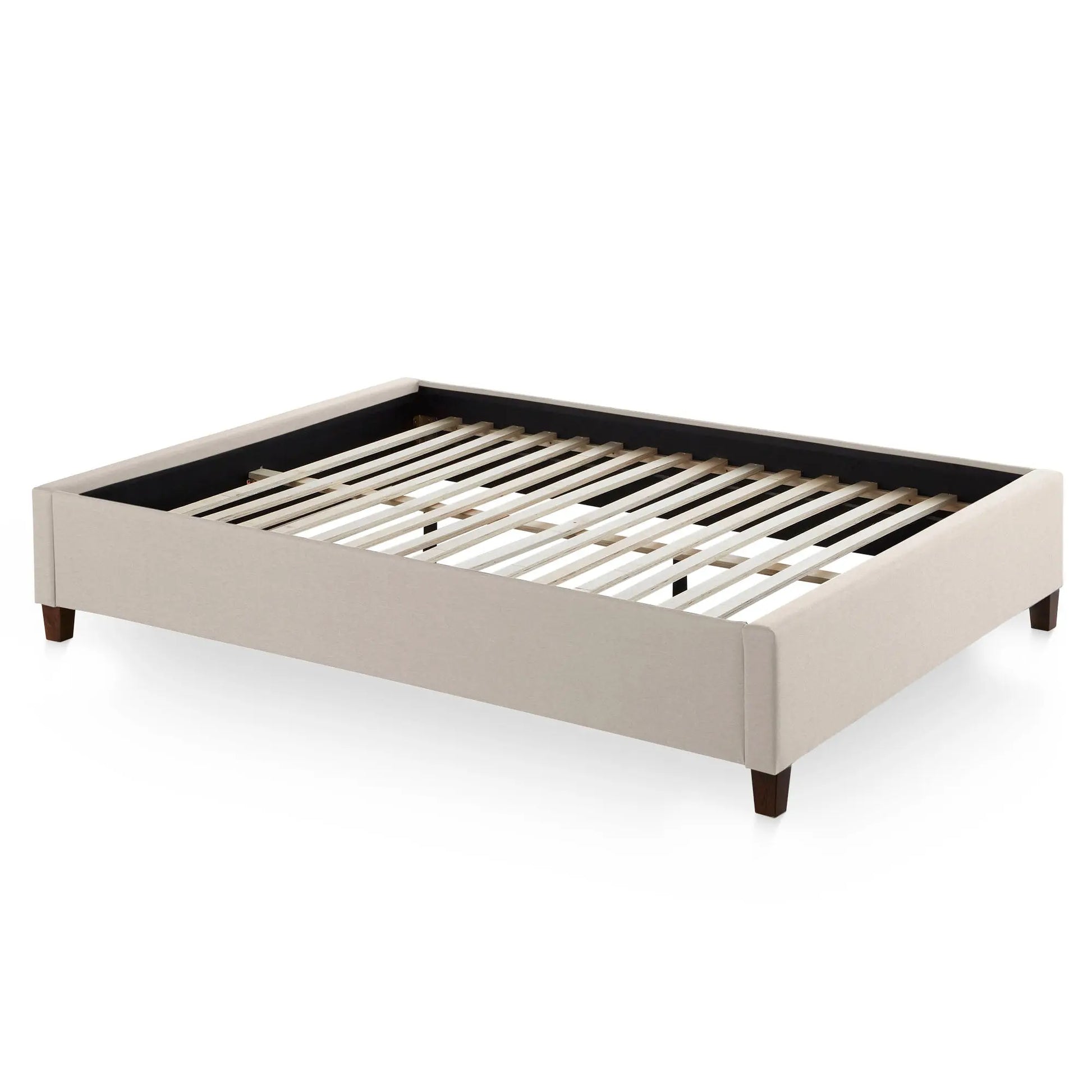 White Eastman platform bed frame by Malouf with a sturdy wooden structure and clean modern design.