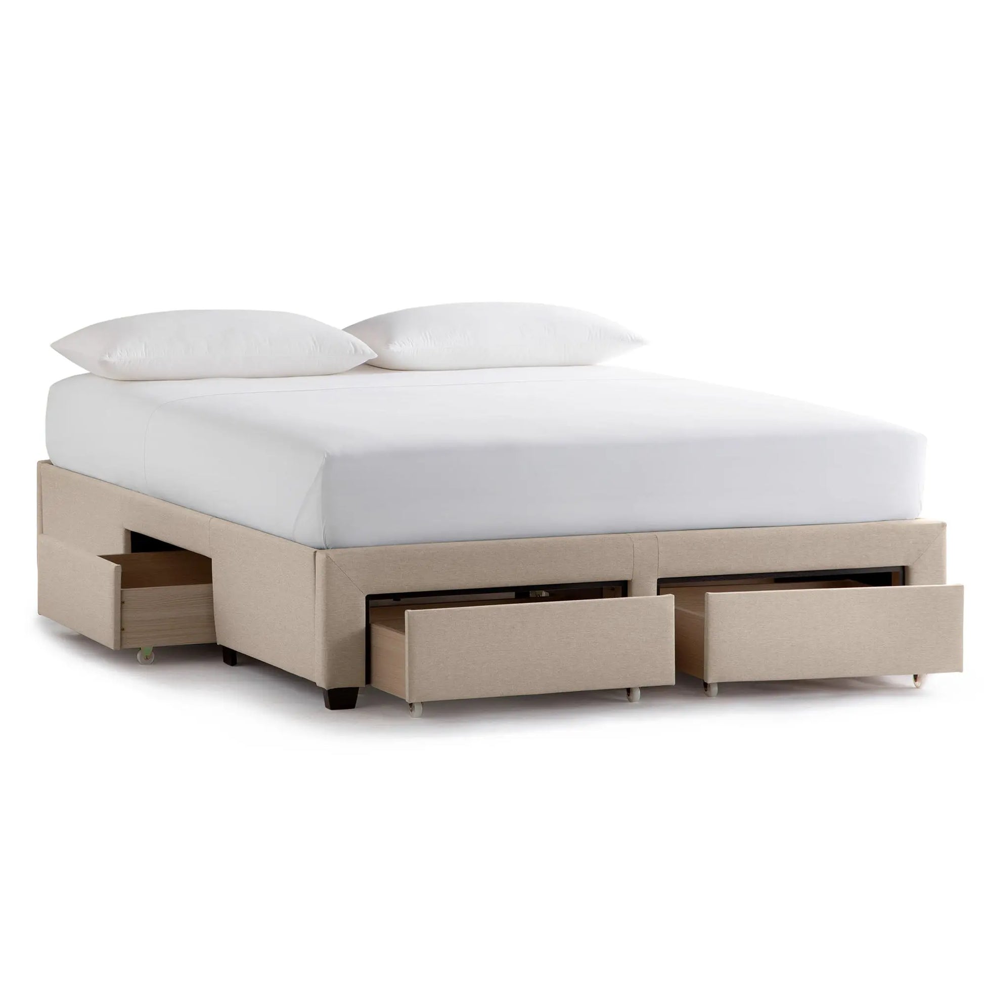 Malouf Watson platform bed frame with built-in drawers, shown in a modern bedroom setting with a sleek design and neutral bedding.