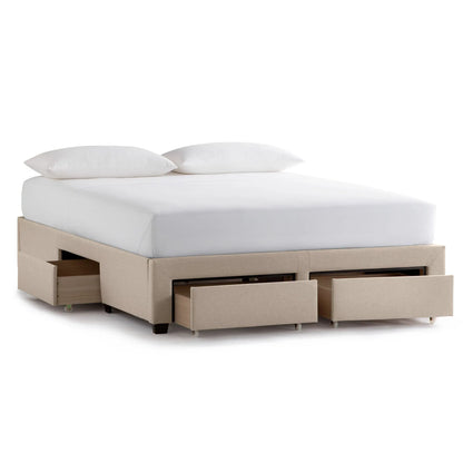 Malouf Watson platform bed frame with built-in drawers, shown in a modern bedroom setting with a sleek design and neutral bedding.