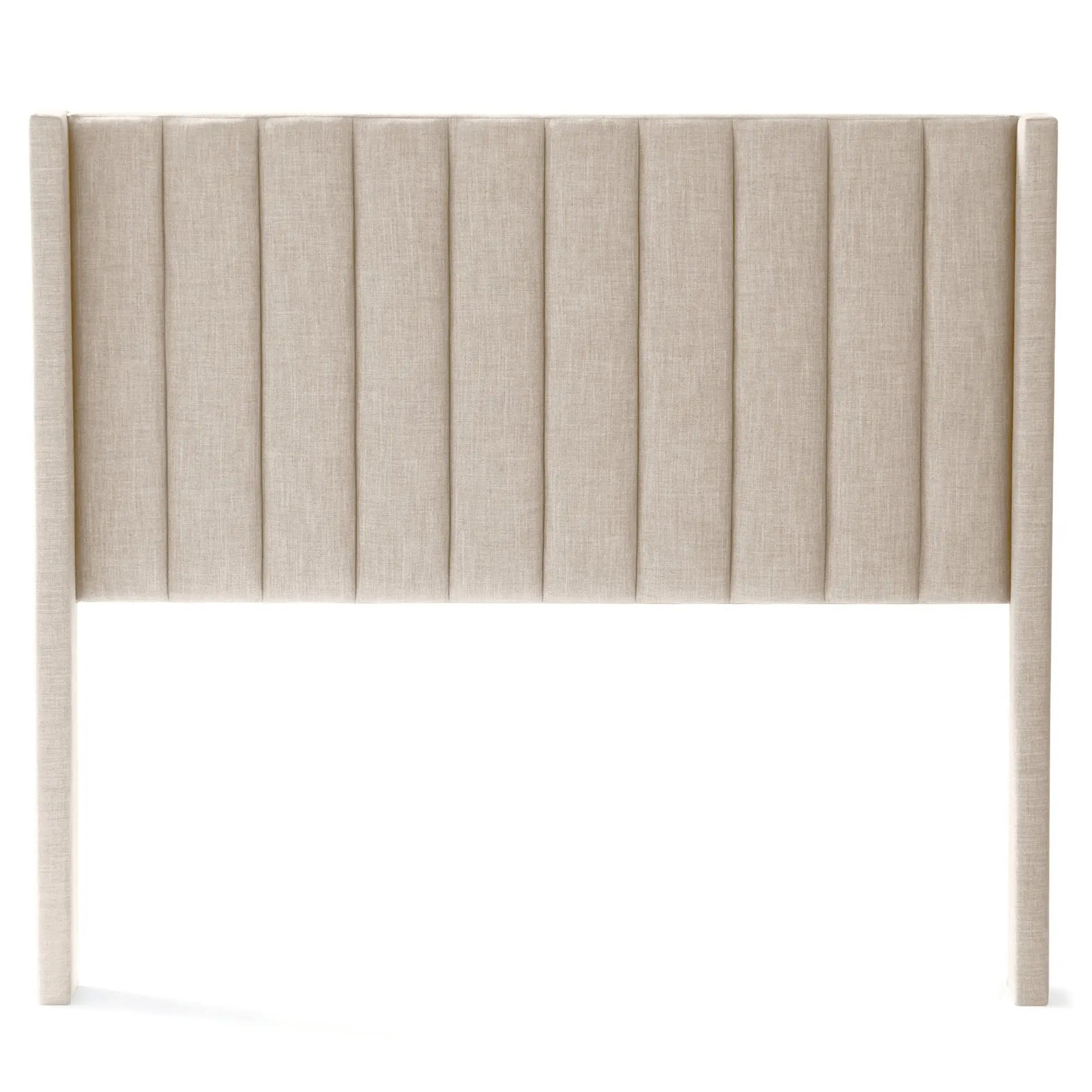 Malouf Blackwell headboard in oat fabric, sleek design, shown on a white bed frame with a straight-on view.