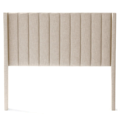 Malouf Blackwell headboard in oat fabric, sleek design, shown on a white bed frame with a straight-on view.