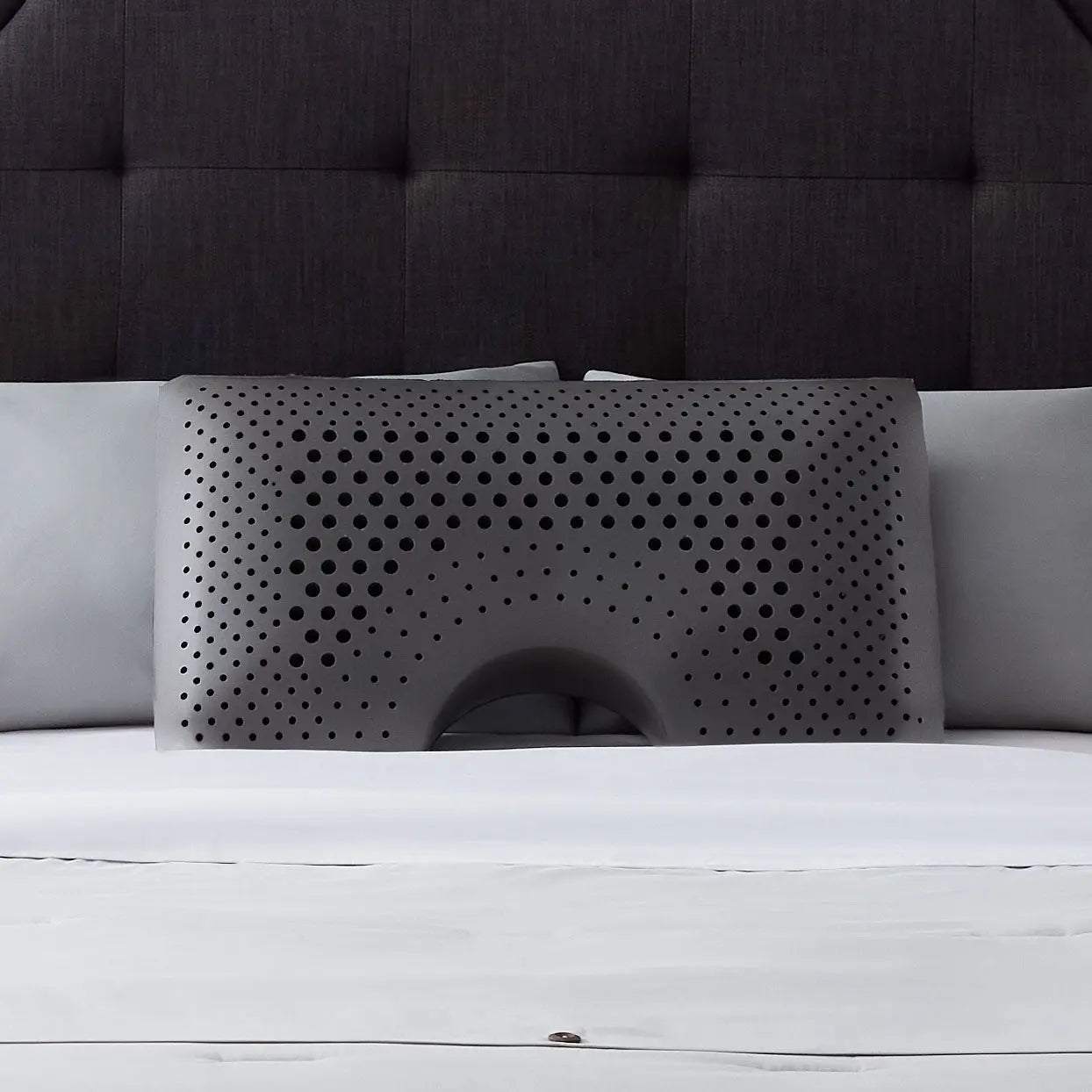 Malouf shoulder zoned dough pillow with bamboo charcoal cover, designed for ergonomic neck and shoulder support.