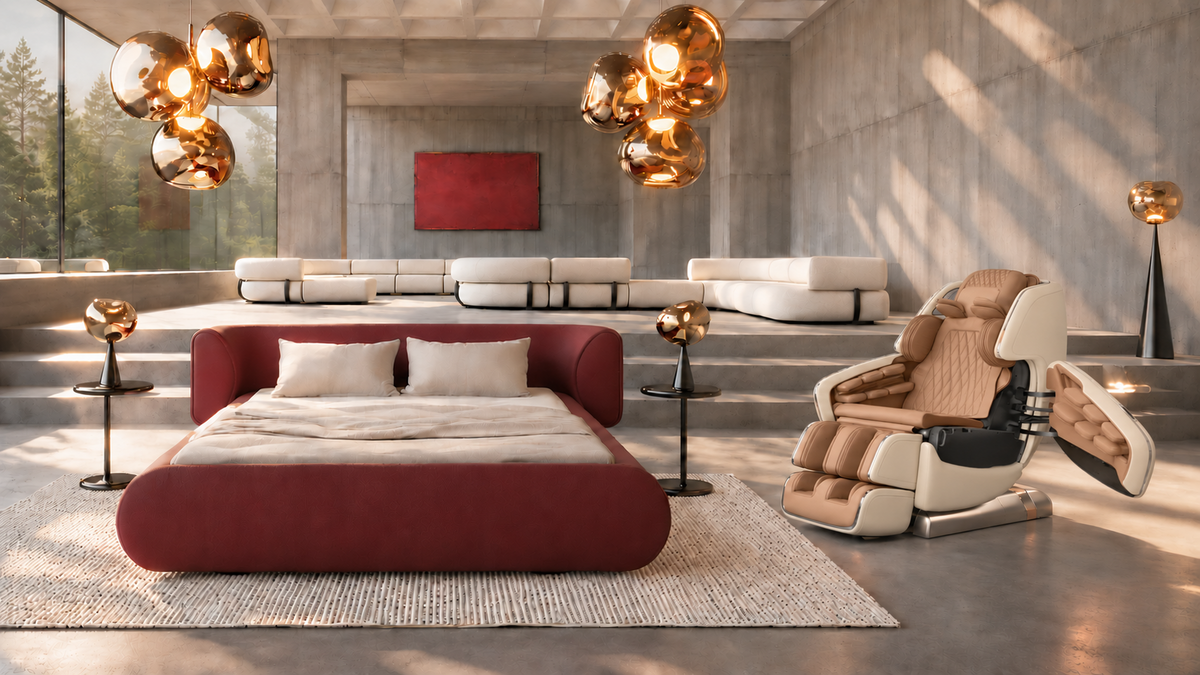 Tom Dixon x Vispring bed and Pearl OHCO M.8 NEO massage chair in a contemporary interior
