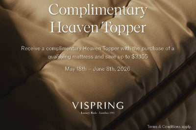 Promotional text for a complimentary Heaven Topper with Vispring mattresses, set against a brown fabric background.