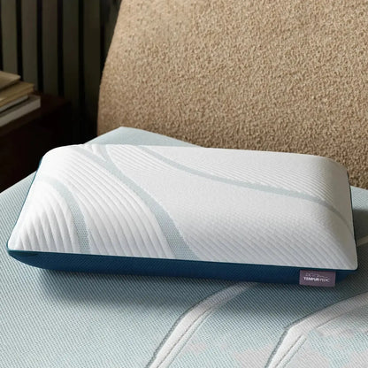 Tempur-Pedic TEMPUR-Adapt ProLo Pillow showing a contoured memory foam pillow with adjustable support and soft white cover.
