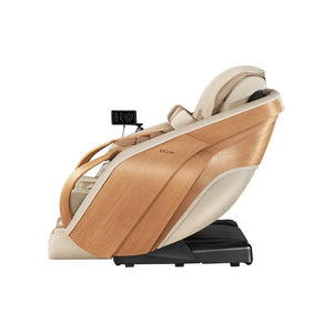 D.Core 2 massage chair, cream upholstery with wood side panels, three-quarter view