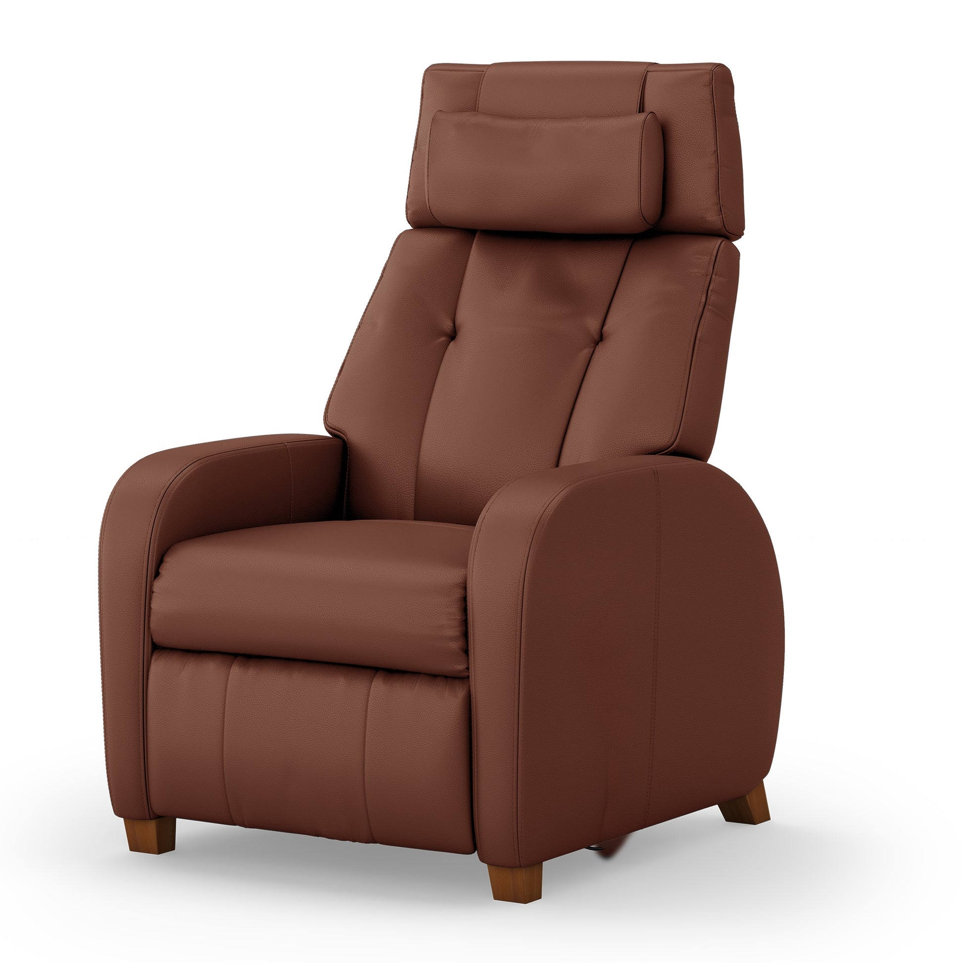 Positive Posture Cafe+ recliner in chestnut, showing its upright position with padded armrests and ergonomic design for comfort.