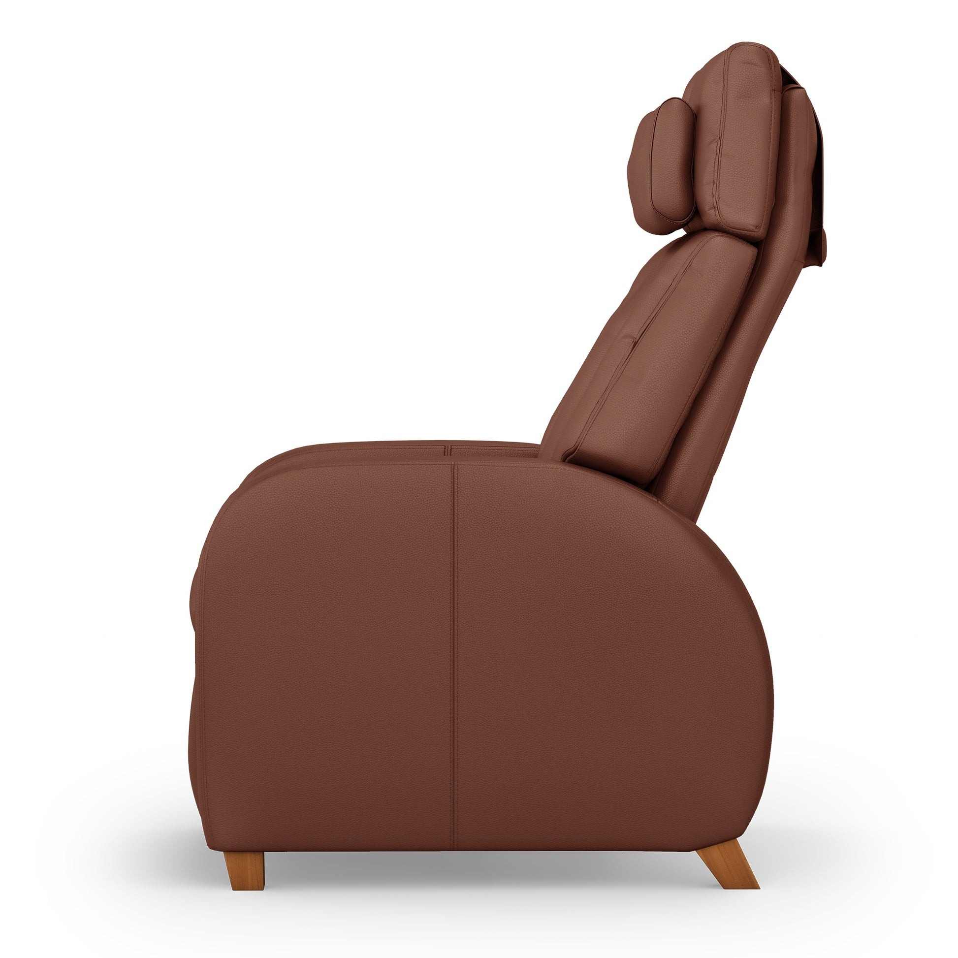 Positive Posture Cafe+ recliner in chestnut leather, showing an upright position with cushioned armrests and ergonomic design.