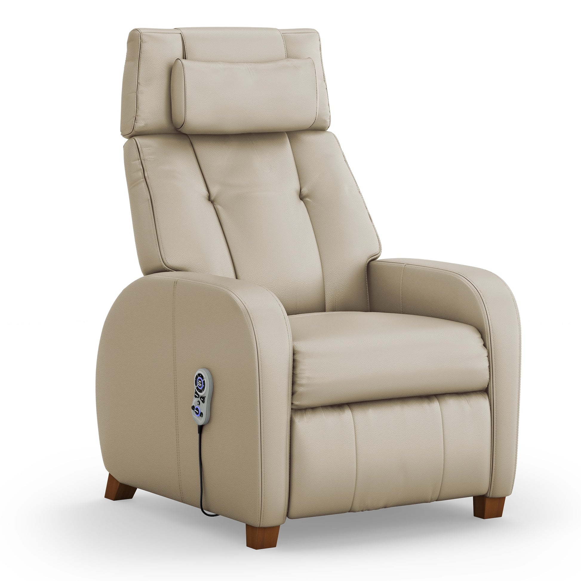 Positive Posture Cafe+ recliner in Dune fabric, shown in an upright seated position with plush cushioning and ergonomic design.