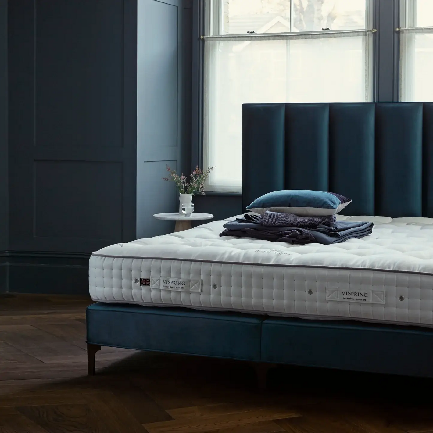 Vispring Regal Superb mattress in a bedroom setting, showcasing luxurious fabric and plush comfort for a high-end sleep experience.